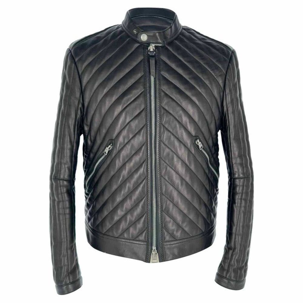 Tom Ford Slim-Fit Cropped Quilted Biker Jacket in Black Leather